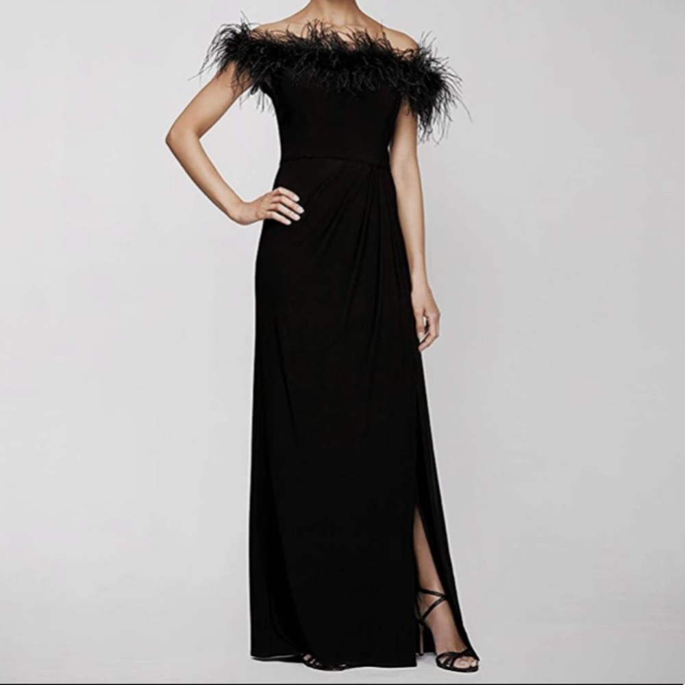 Feather Off Shoulder Long Formal Dress